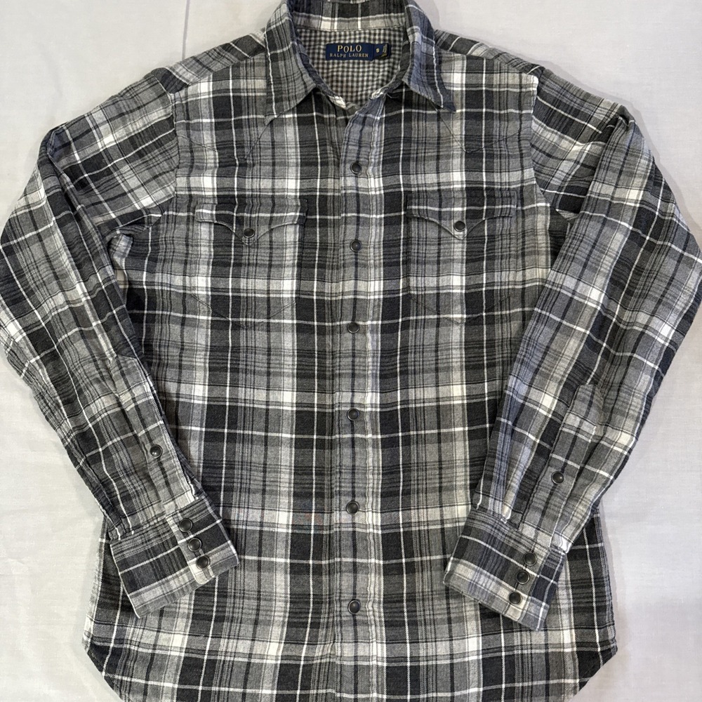 Ralph‎ Lauren Flannel Shirt Men's Sz Small Gray Plaid Snap  Pockets Western